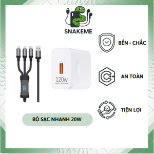Bộ Sạc Nhanh 120W Cáp Sạc Nhanh 3 Đầu Tự Ngắt, Dài 2m Chống Đứt Cao Cấp Dùng Cho Mọi Điện hoại